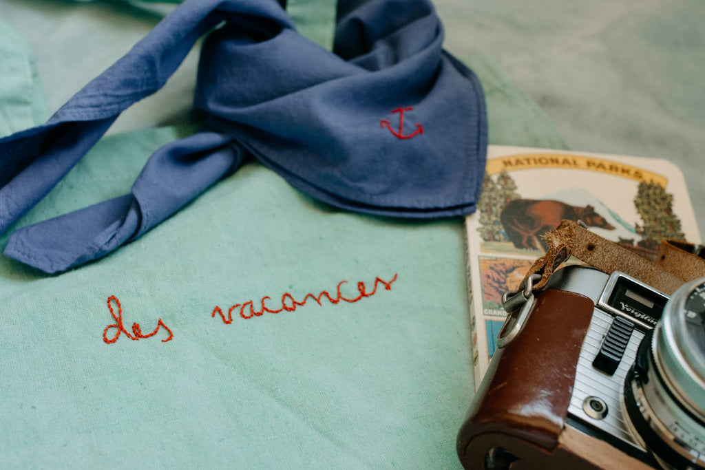 Hand embroidered Vacances cotton bandana, hand dyed