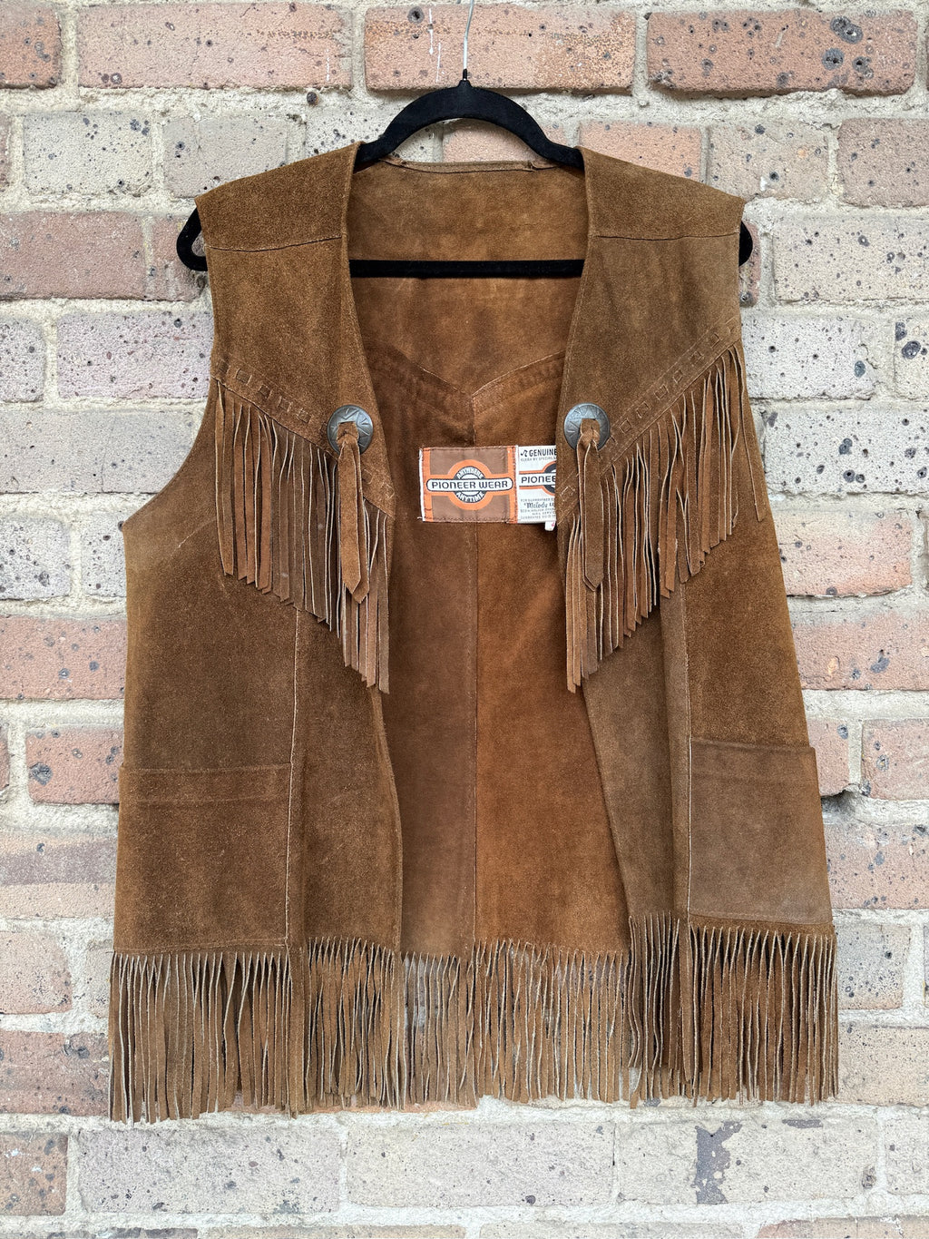 Vintage Pioneer Wear Brown Suede Fringe Vest with Conchos