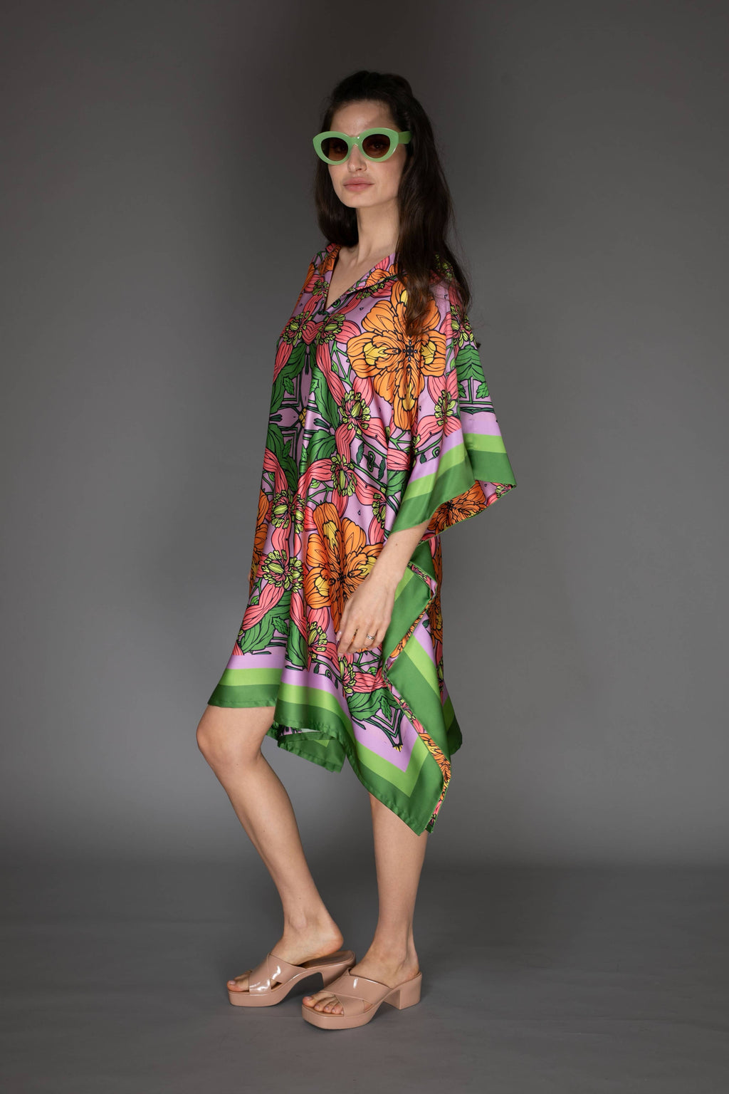 Floral Satin Kaftan Short Dress