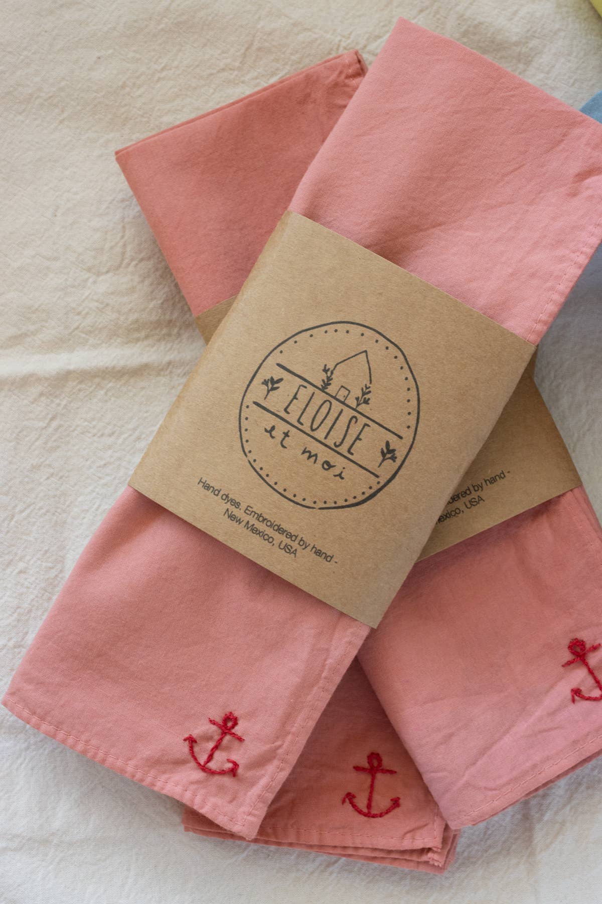 Hand embroidered Vacances cotton bandana, hand dyed