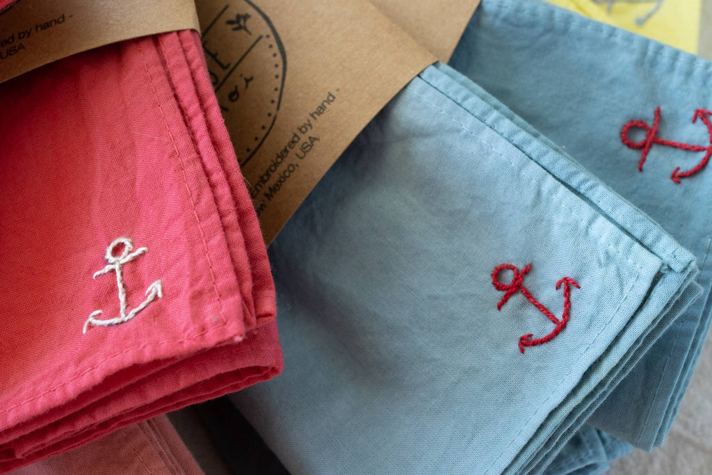 Hand embroidered Vacances cotton bandana, hand dyed