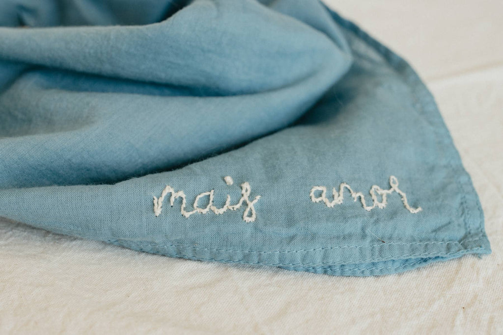 Hand embroidered MAIS AMOR  cotton bandana- hand dyed