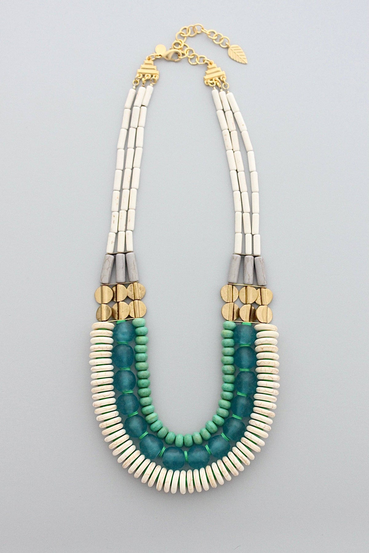 GND520 triple strand white, aqua Ghana glass, and turquoise necklace