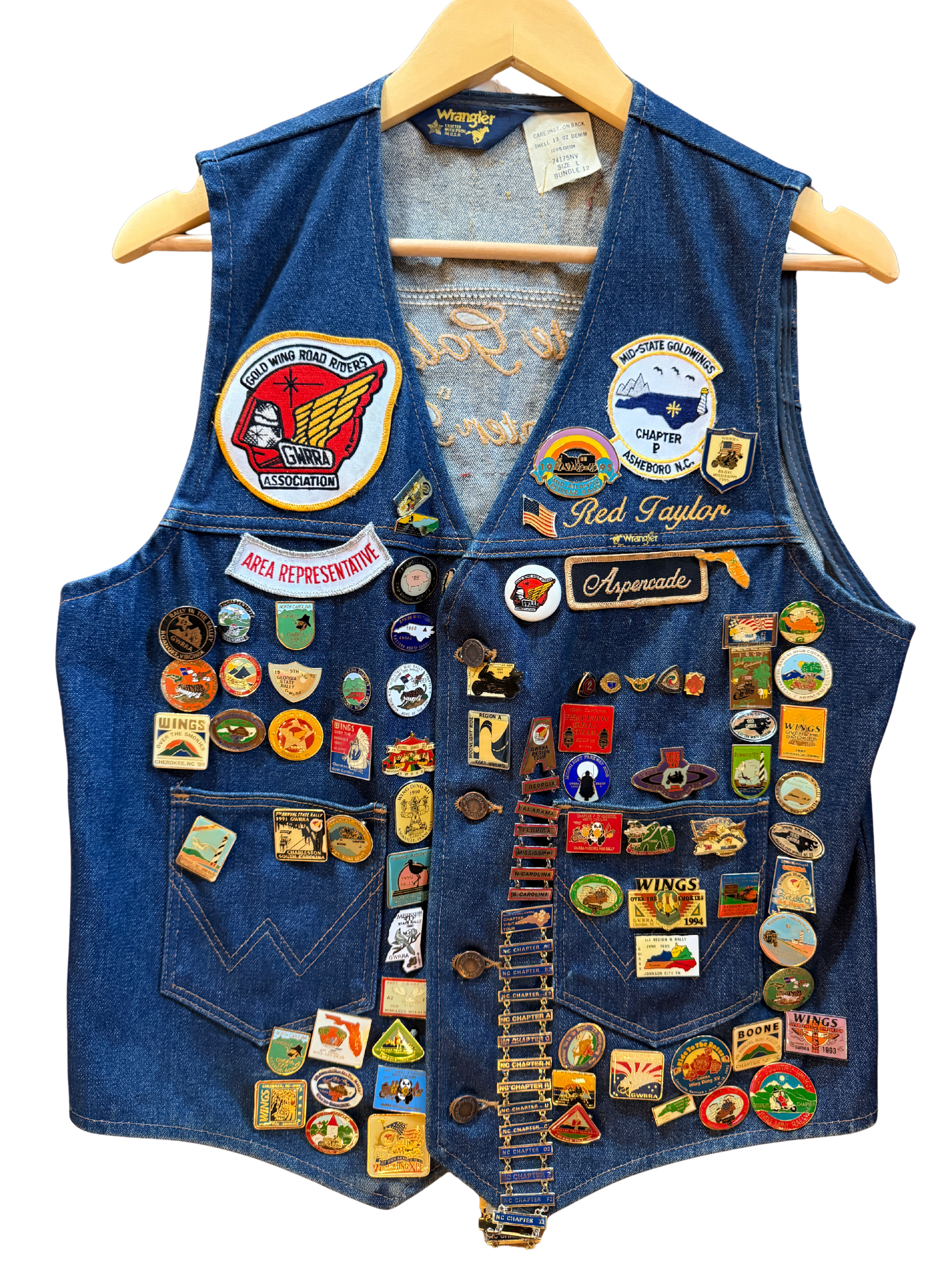 Vintage Wrangler MC Vest Asheboro NC- many pins