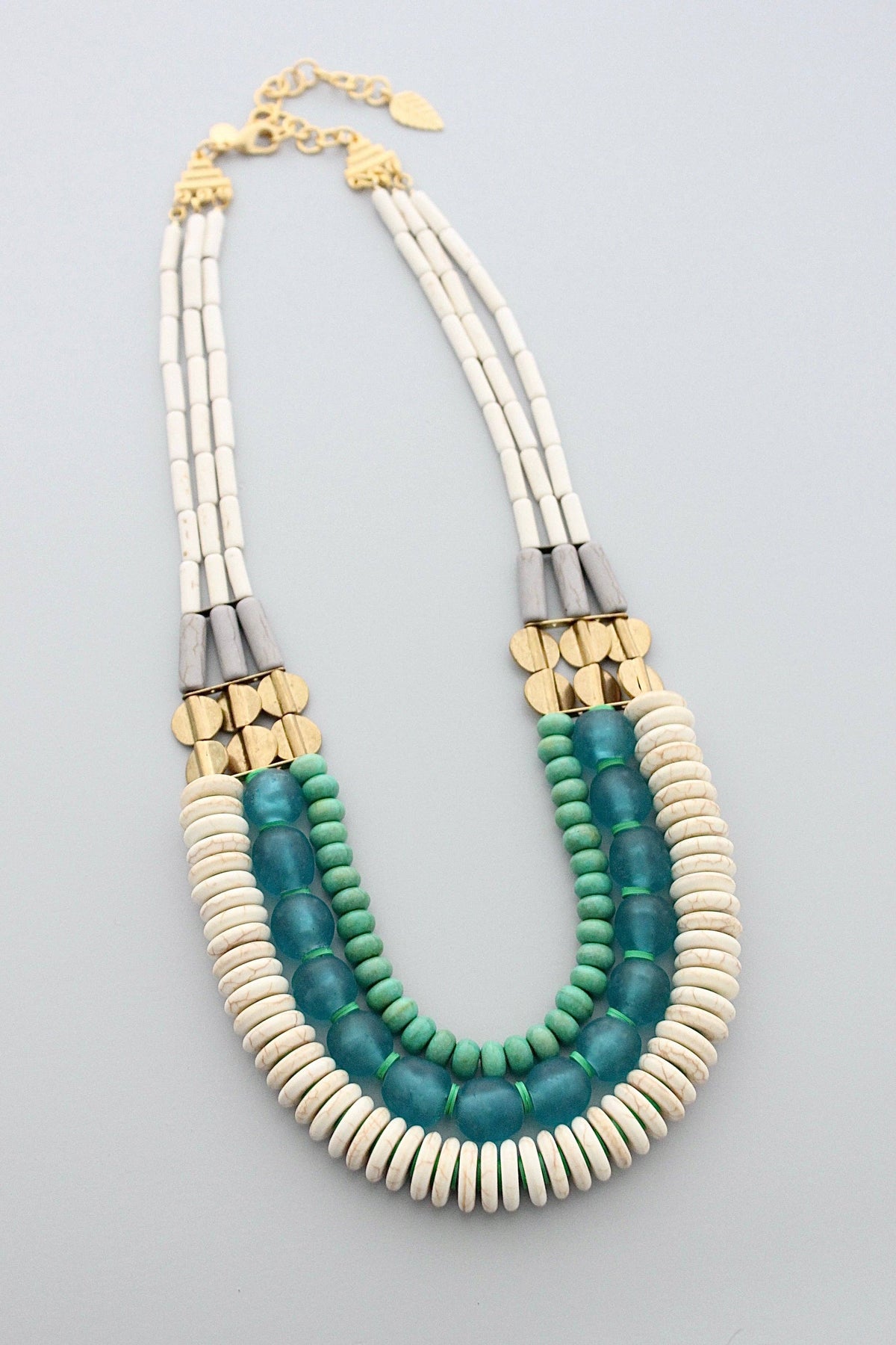 GND520 triple strand white, aqua Ghana glass, and turquoise necklace