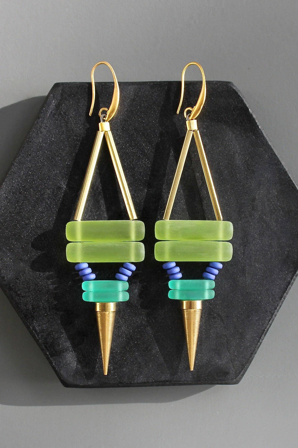 KYLE77 green and cobalt spike earrings