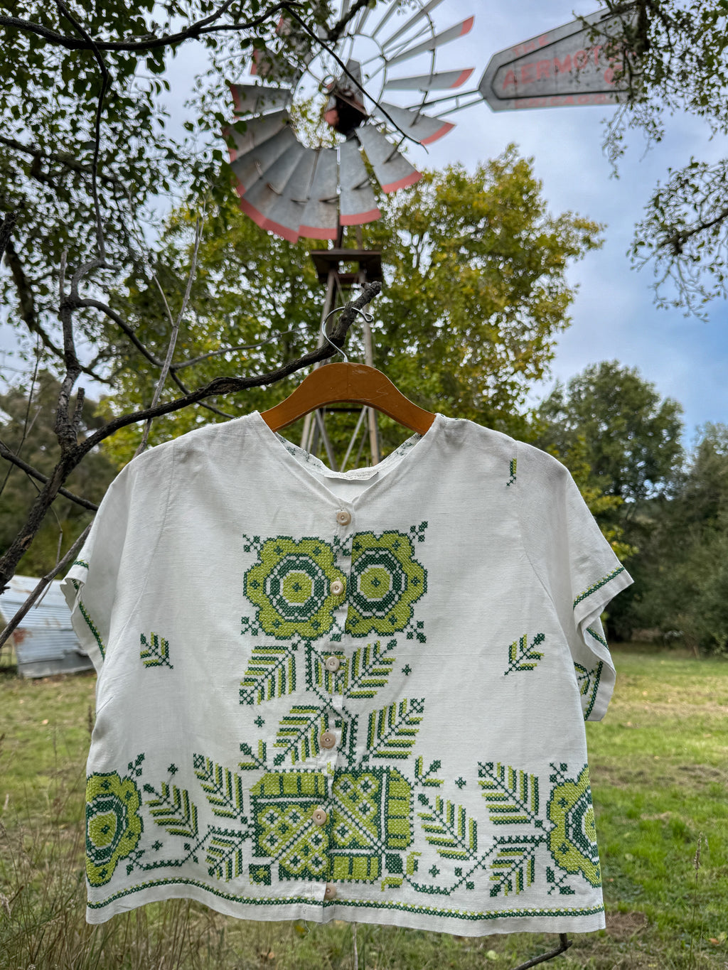 Cross Stitch Embroidered Vintage Linen Top