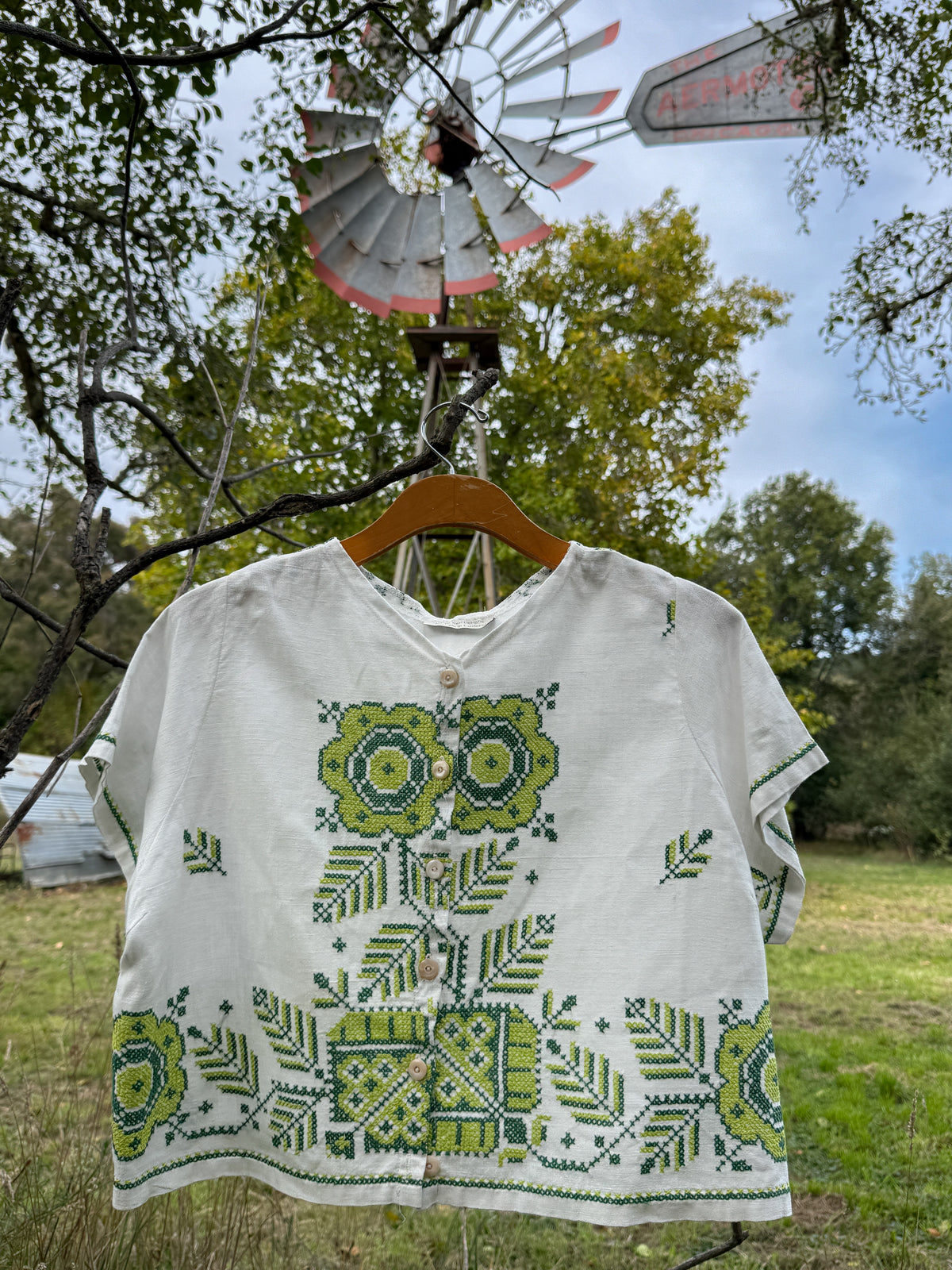 Cross Stitch Embroidered Vintage Linen Top