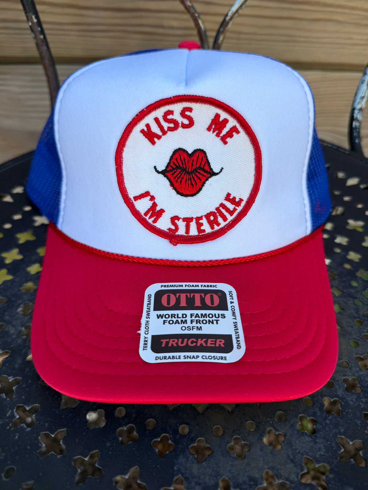 Trucker Hat featuring Vintage Patch- kiss me I’m sterile