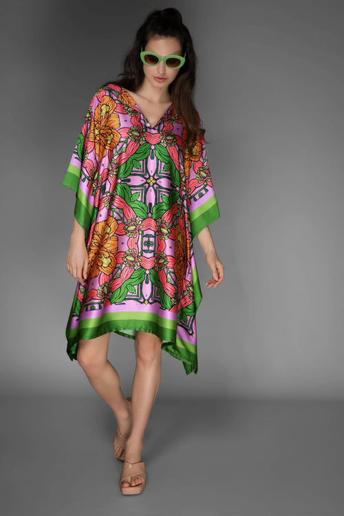 Floral Satin Kaftan Short Dress