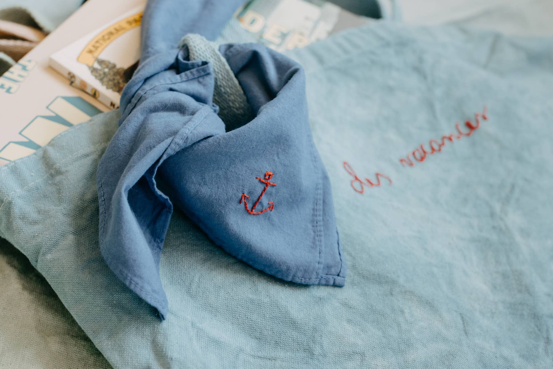 Hand embroidered Vacances cotton bandana, hand dyed