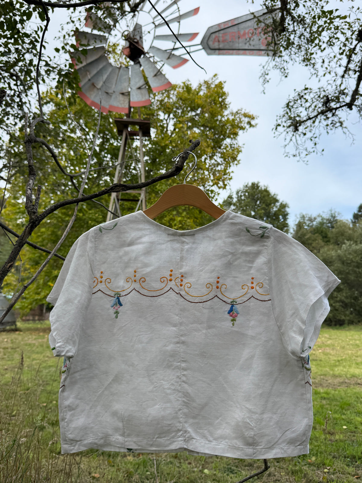 Hand Embroidered Floral Vintage Linen Top