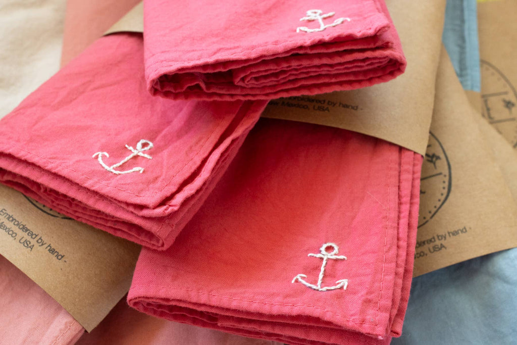 Hand embroidered Vacances cotton bandana, hand dyed