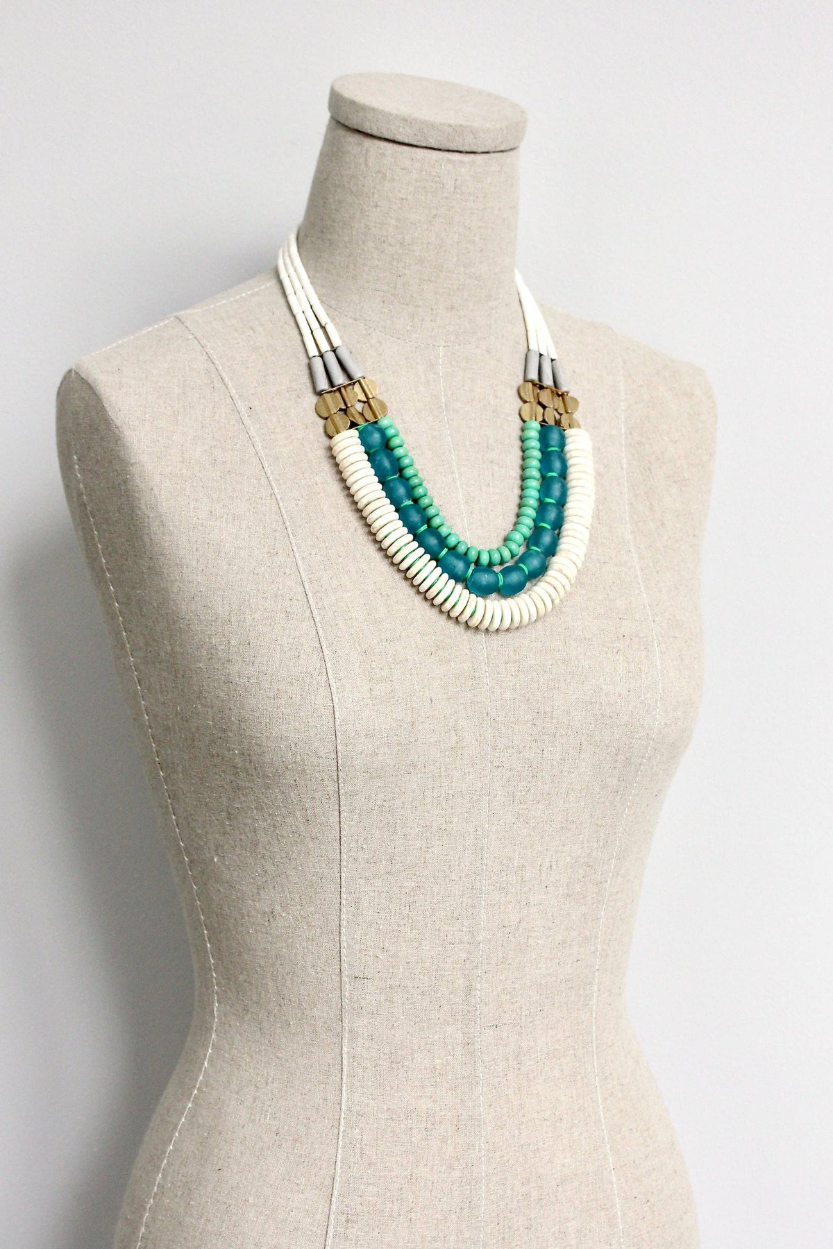 GND520 triple strand white, aqua Ghana glass, and turquoise necklace