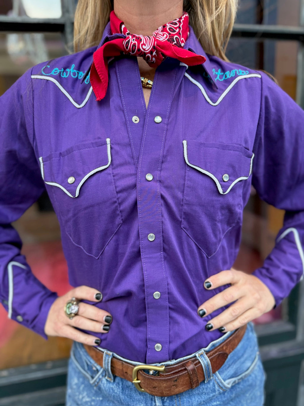 Rockmount Ranch Wear Western Pearl Snap Purple with Longhorn chain stitch