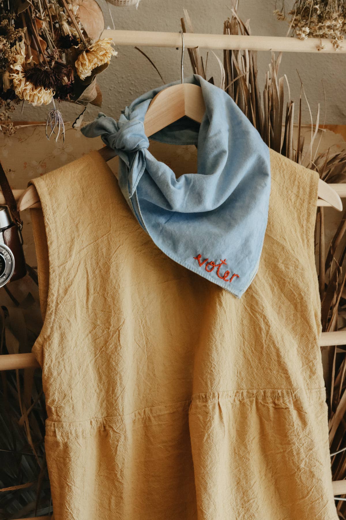 Hand embroidered VOTER cotton bandana- hand dyed Limited 