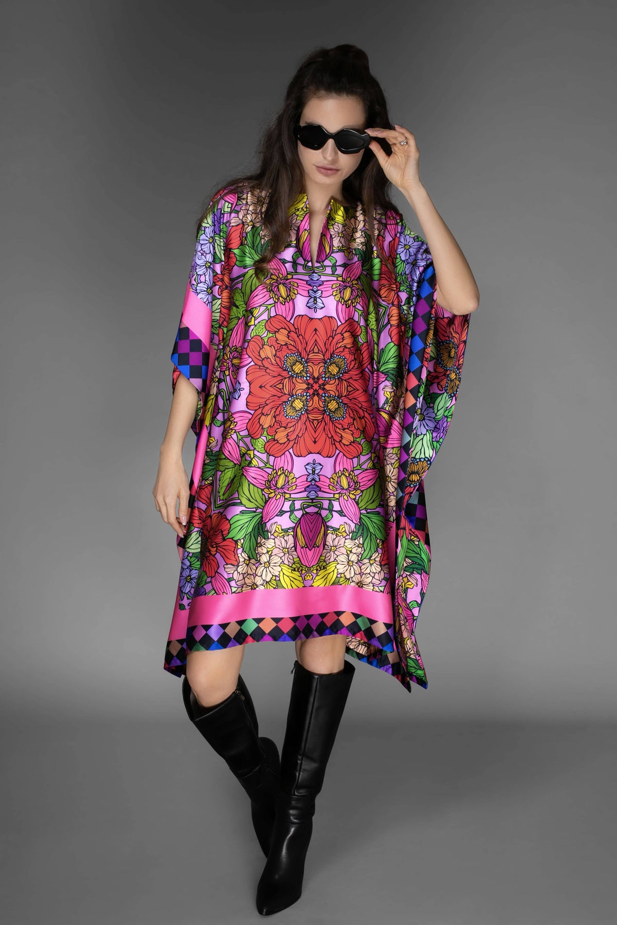 Red Garden Short Satin Kaftan Dress