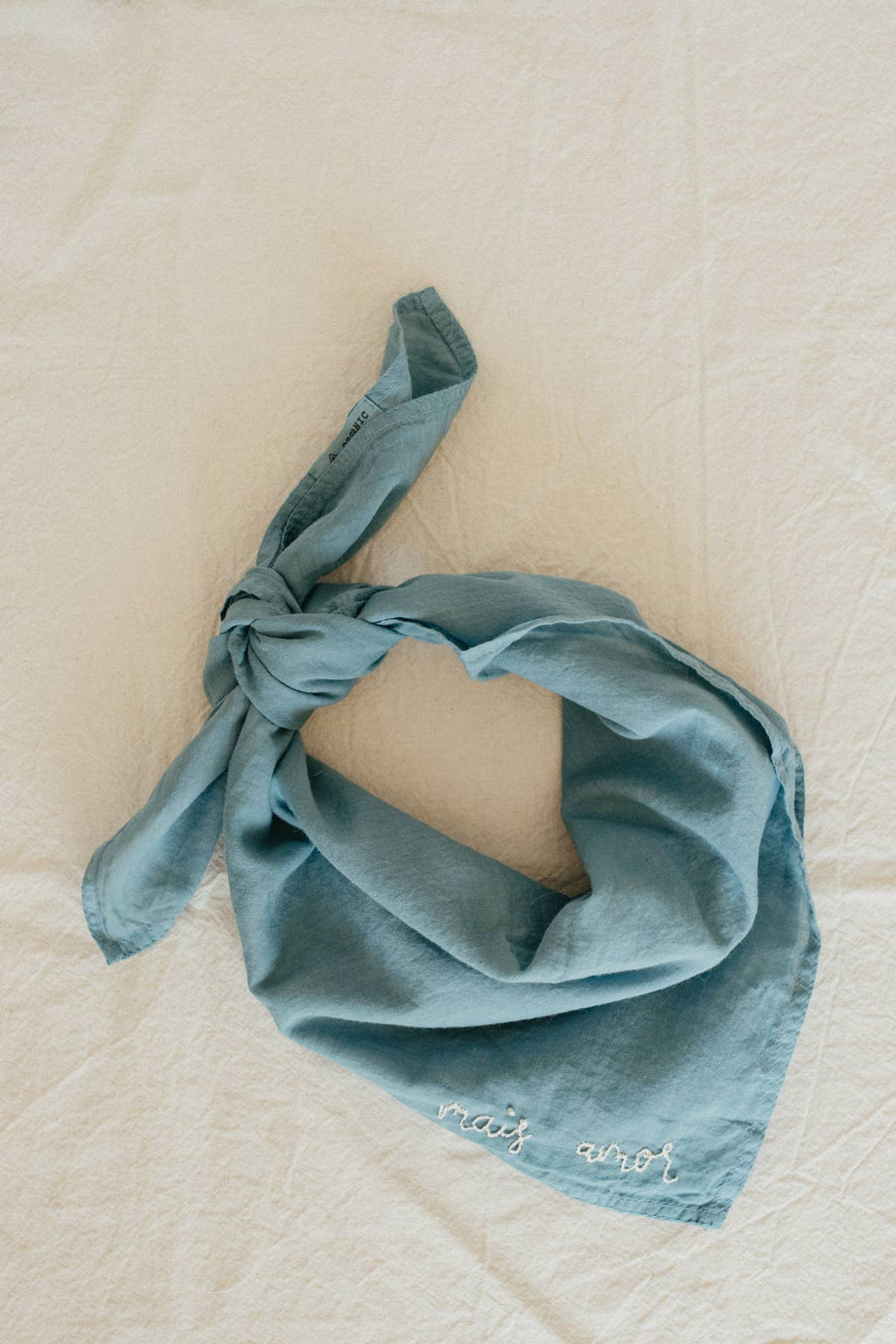 Hand embroidered MAIS AMOR  cotton bandana- hand dyed
