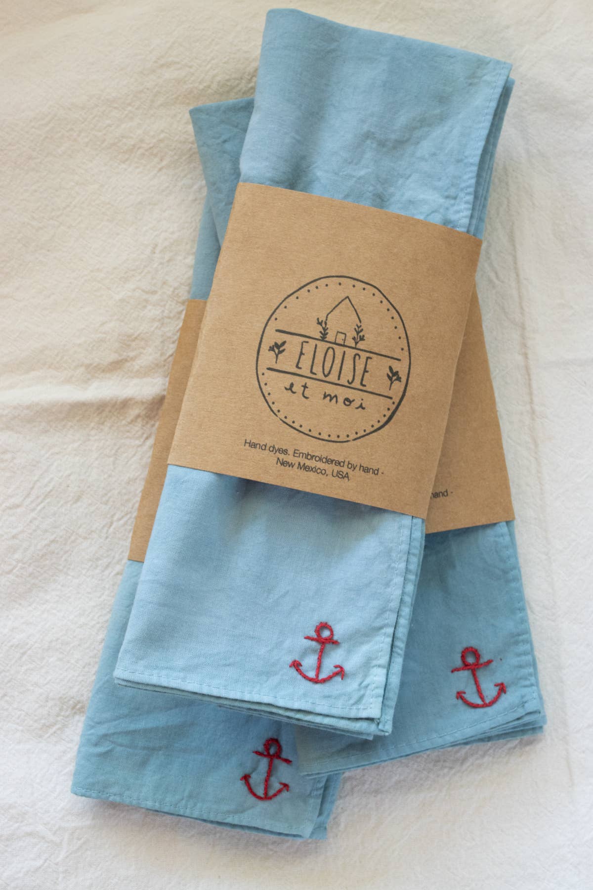 Hand embroidered Vacances cotton bandana, hand dyed