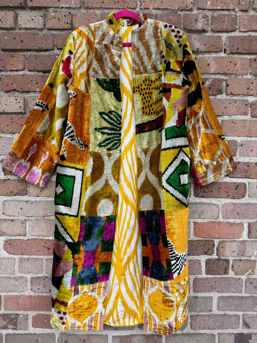 Dueling Tiger Silk Ikat Patchwork Caftan Medium