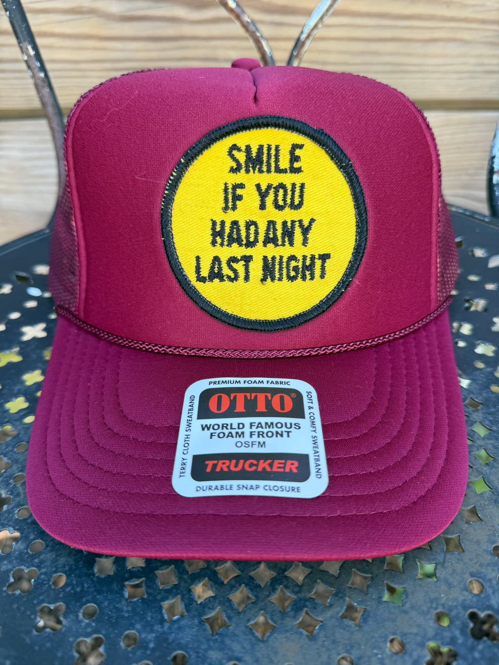 Trucker Hat featuring Vintage Patch- smile if you had any last night
