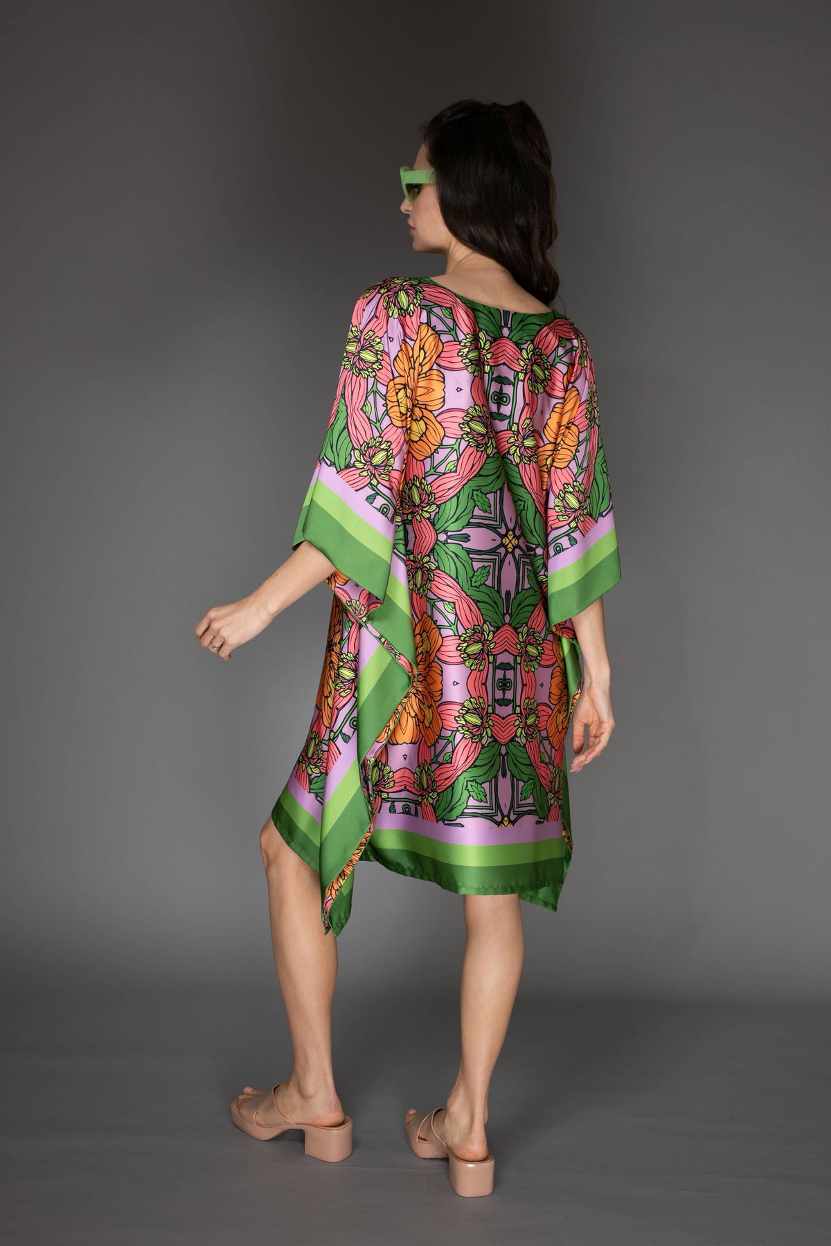 Floral Satin Kaftan Short Dress