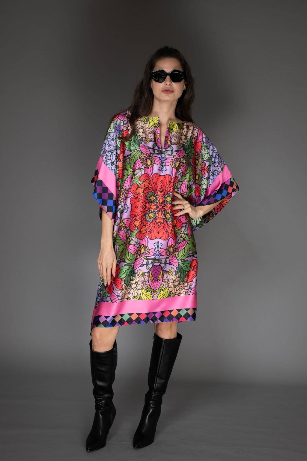 Red Garden Short Satin Kaftan Dress