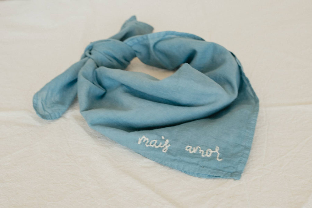 Hand embroidered MAIS AMOR  cotton bandana- hand dyed