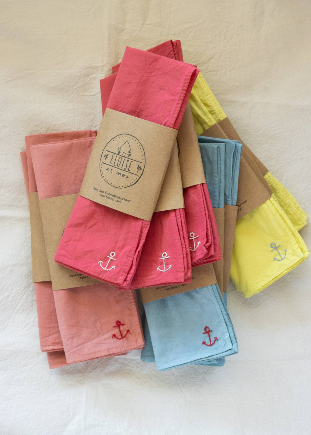 Hand embroidered Vacances cotton bandana, hand dyed