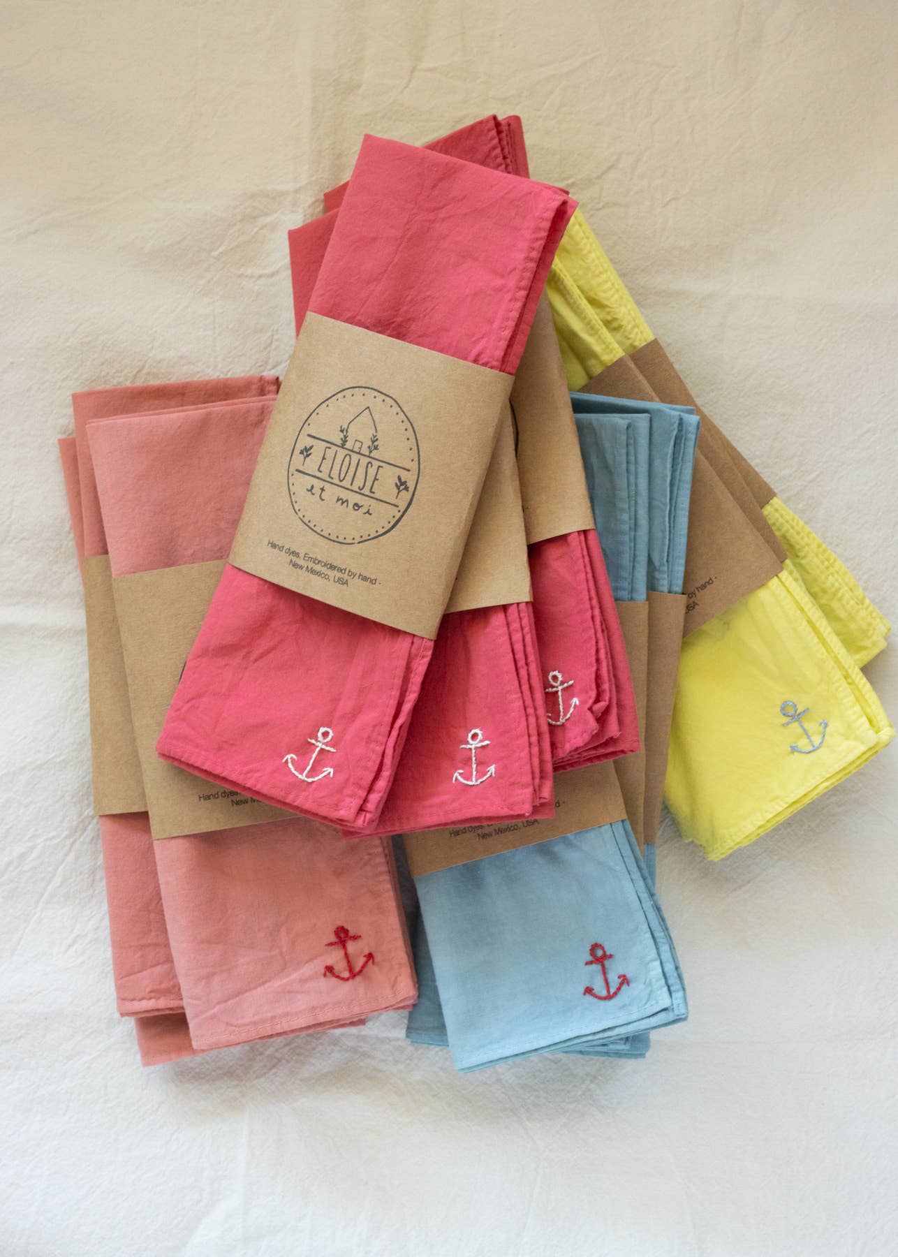 Hand embroidered Vacances cotton bandana, hand dyed