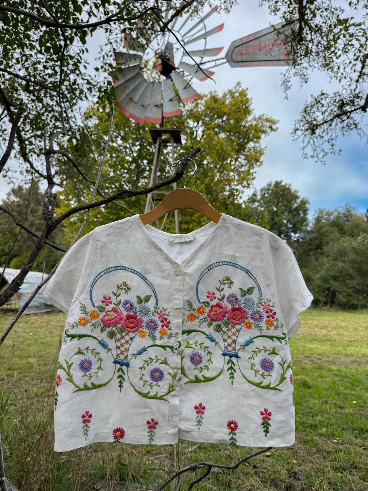 Hand Embroidered Floral Vintage Linen Top
