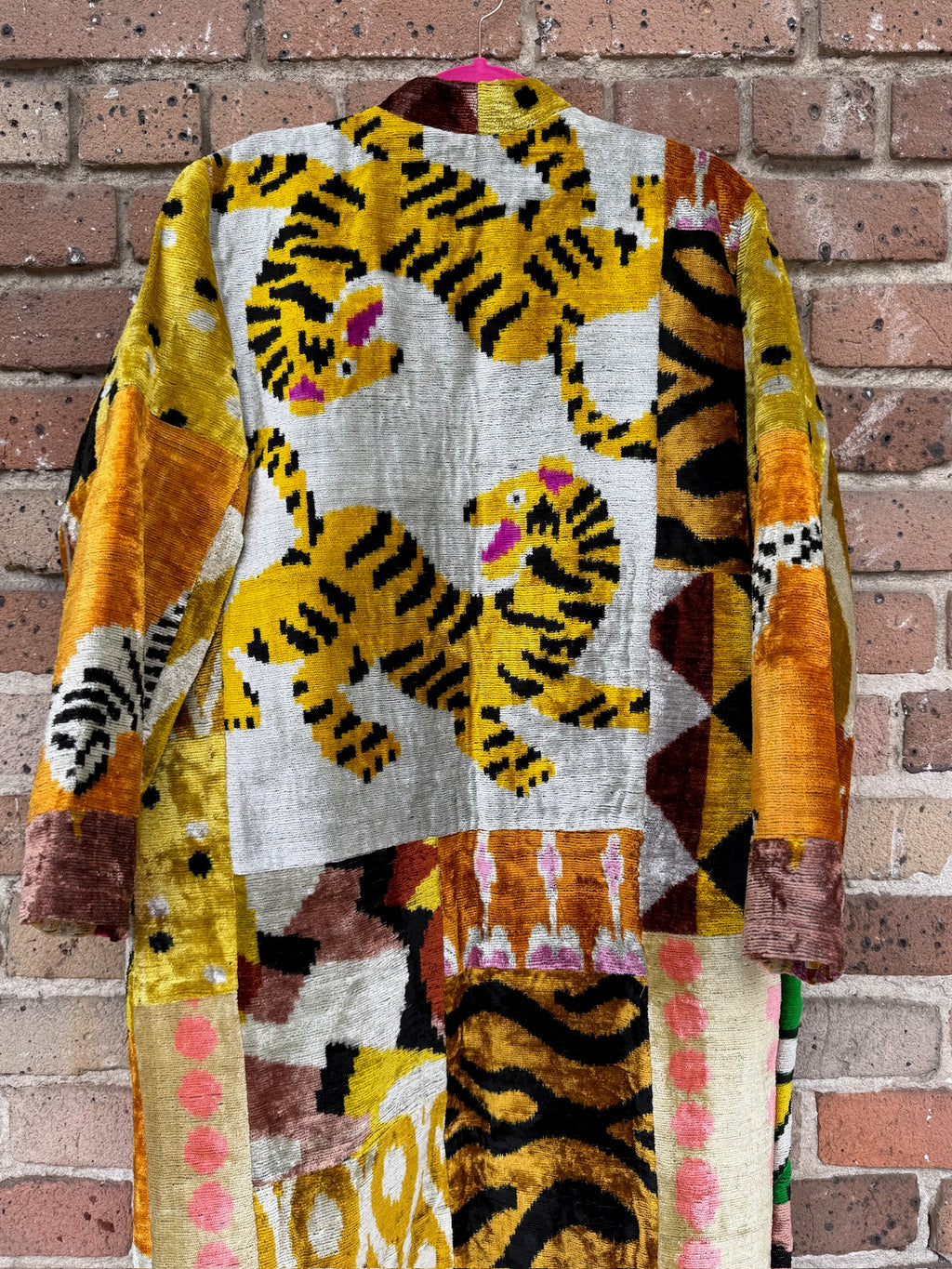 Dueling Tiger Silk Ikat Patchwork Caftan Medium