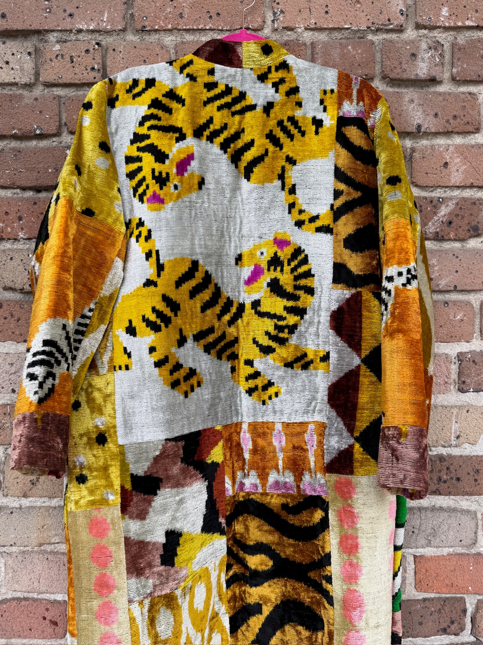 Dueling Tiger Silk Ikat Patchwork Caftan Medium