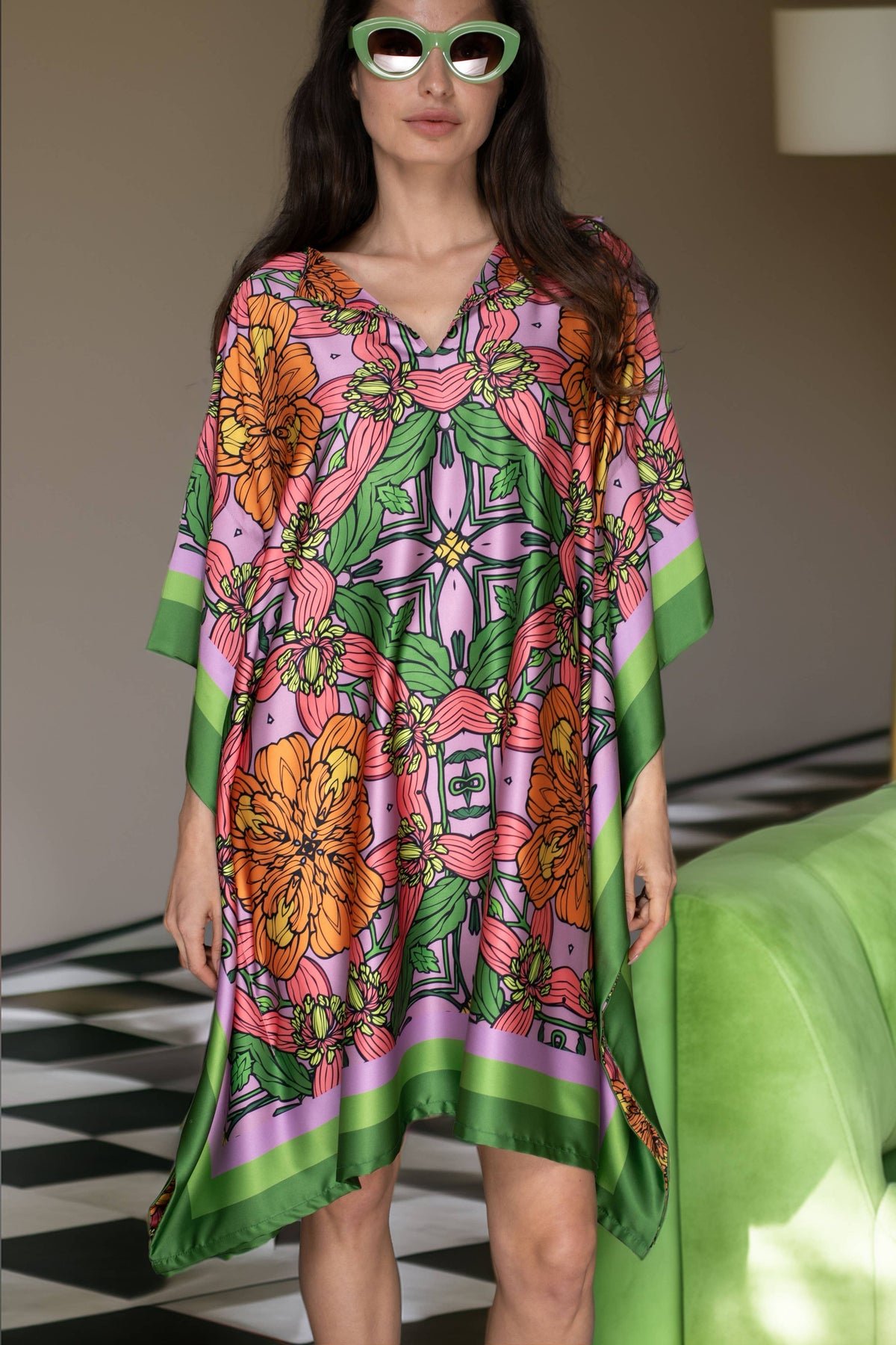 Floral Satin Kaftan Short Dress