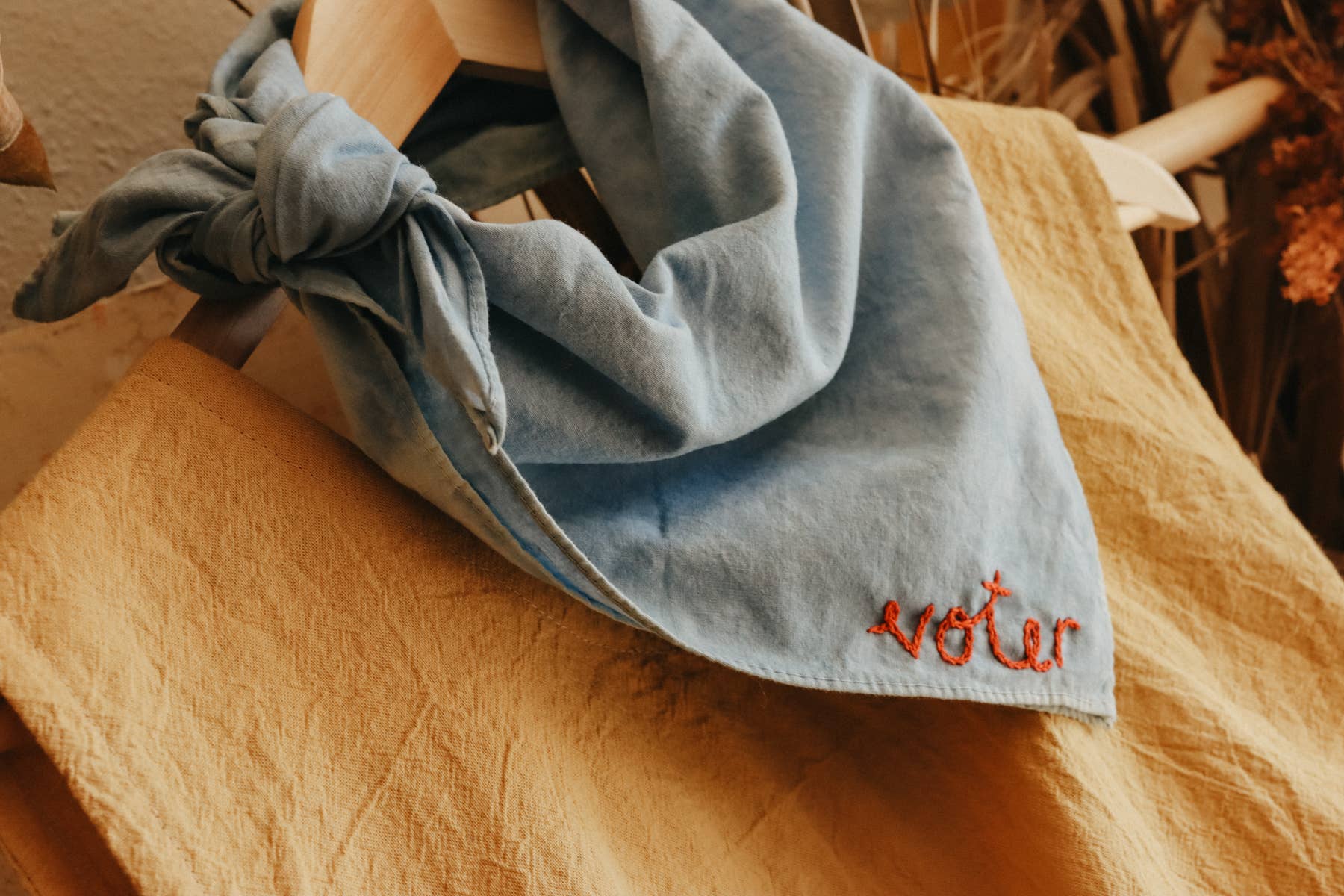Hand embroidered VOTER cotton bandana- hand dyed Limited 