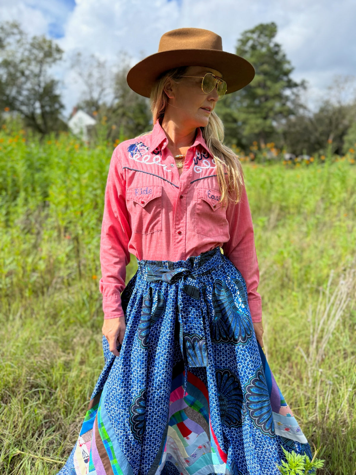 Vintage Button Up with Horse Chain Stitch Ride Easy Detail