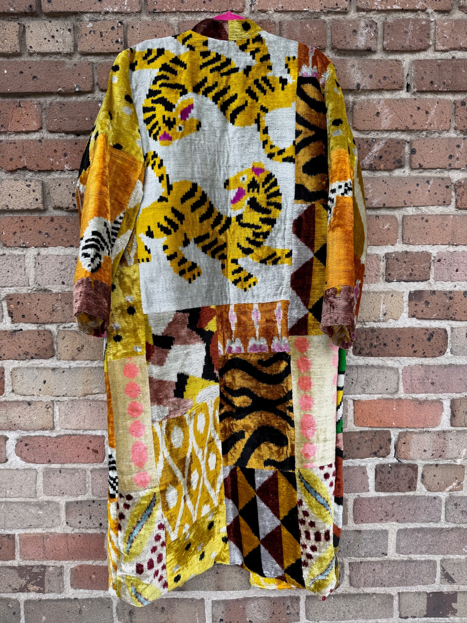 Dueling Tiger Silk Ikat Patchwork Caftan Medium