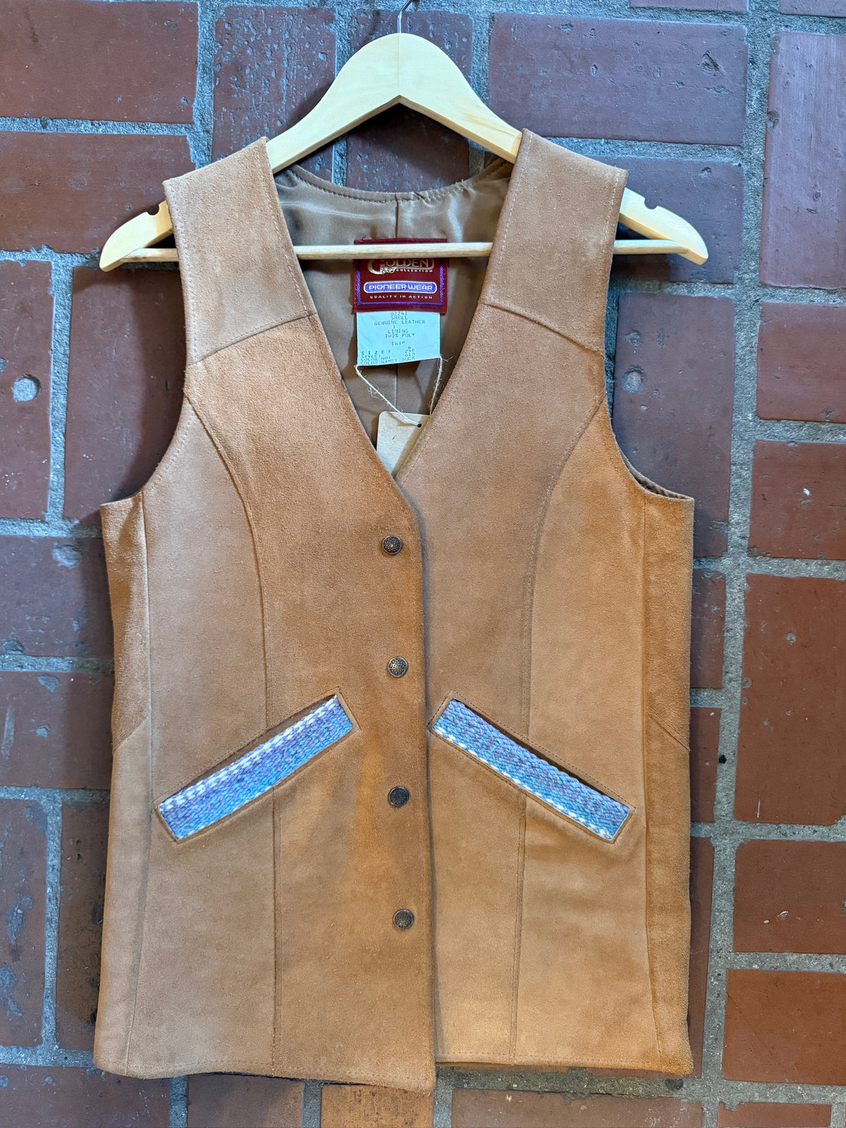 Vintage Golden Pioneer Wear Suede Vest with Woven Inset