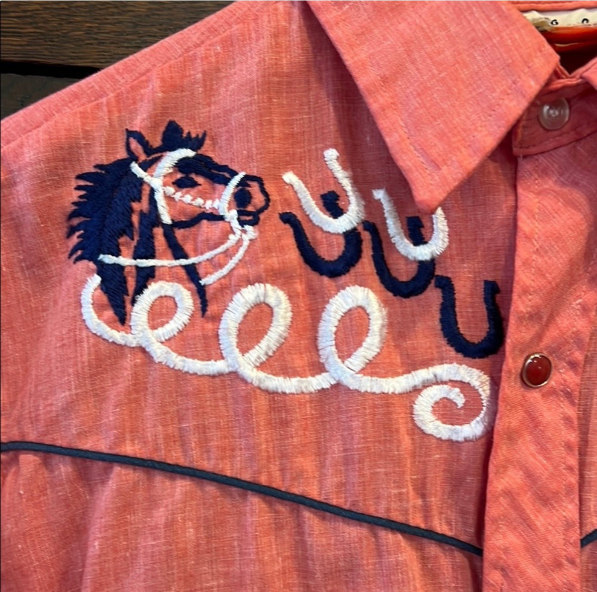 Vintage Button Up with Horse Chain Stitch Ride Easy Detail