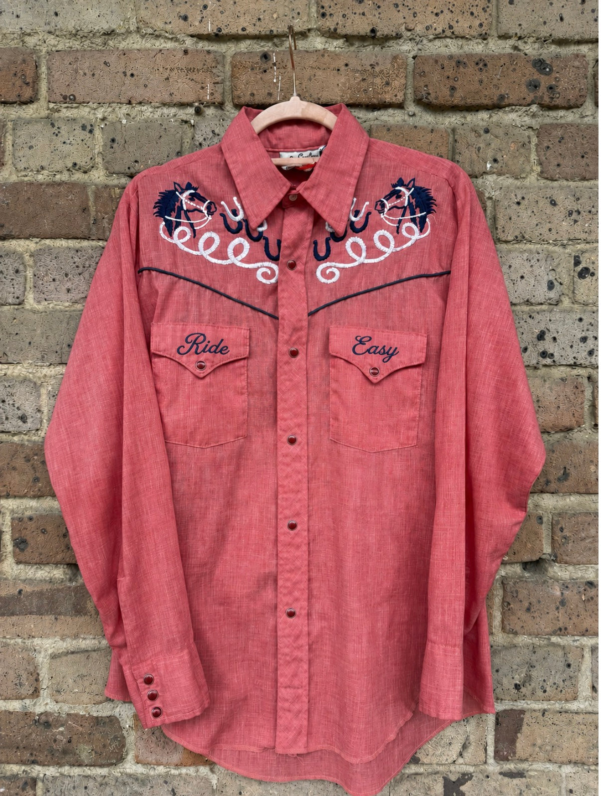 Vintage Button Up with Horse Chain Stitch Ride Easy Detail