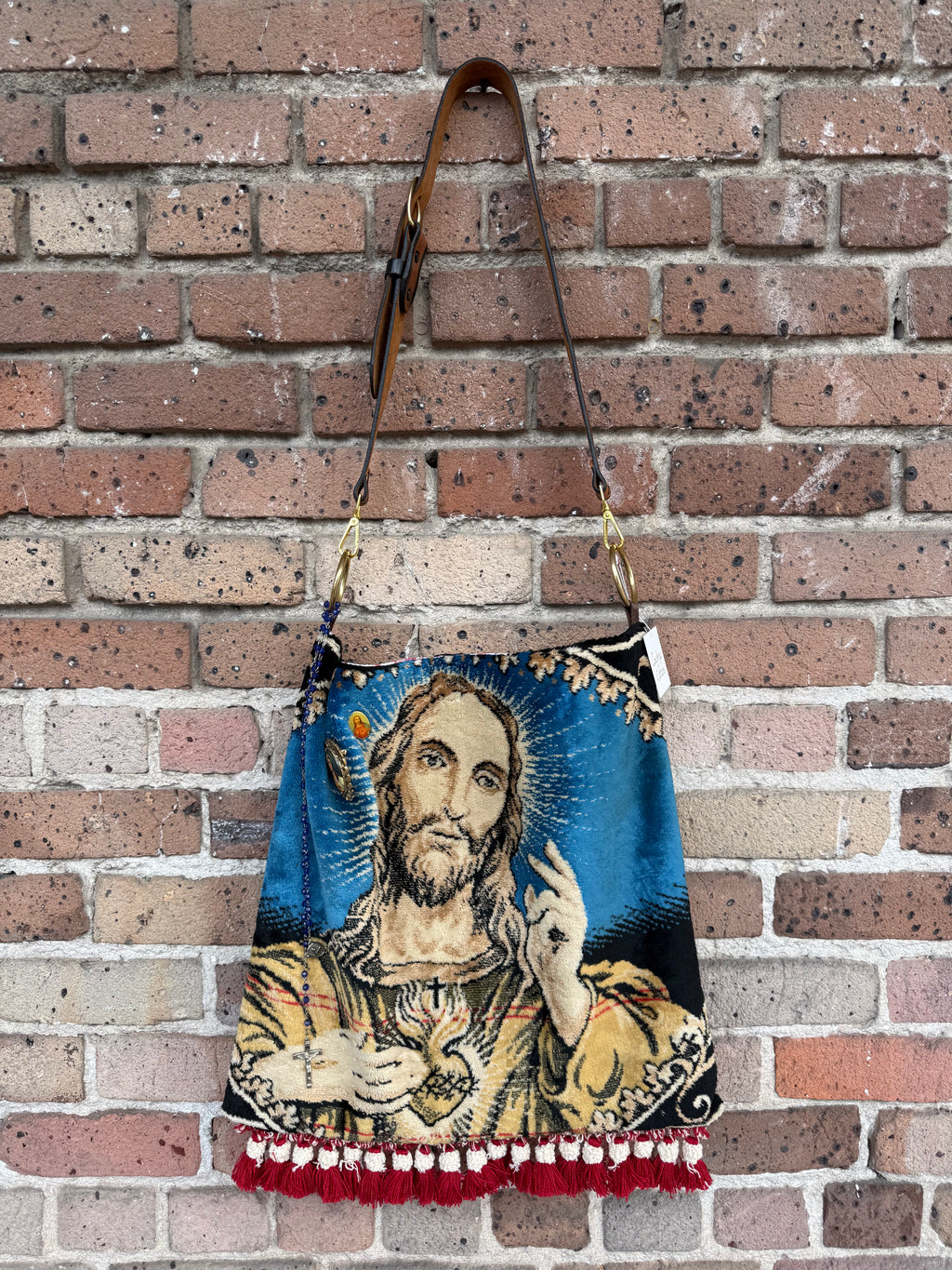 Jesus with Rosary Handmade Vintage Tapestry
