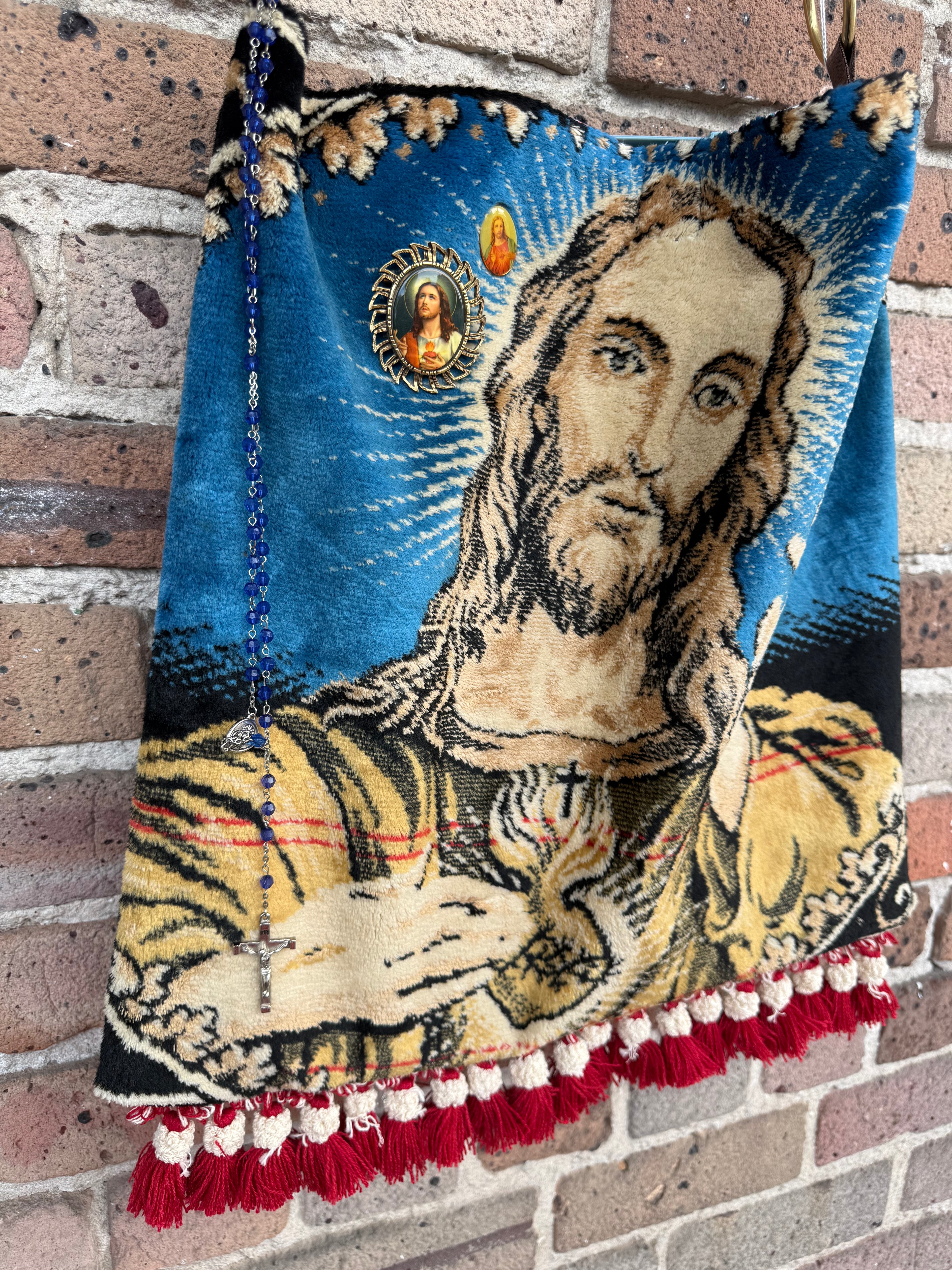 Jesus with Rosary Handmade Vintage Tapestry