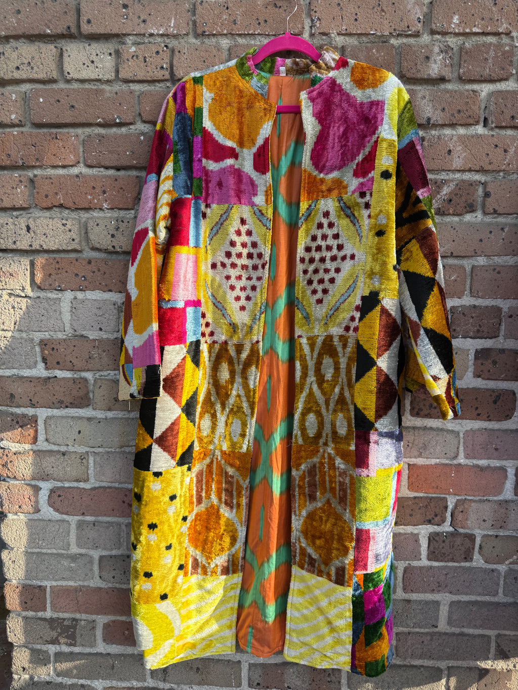 Dueling Tiger Silk Ikat Patchwork Caftan with Orange and Green Liner No Pocket Large