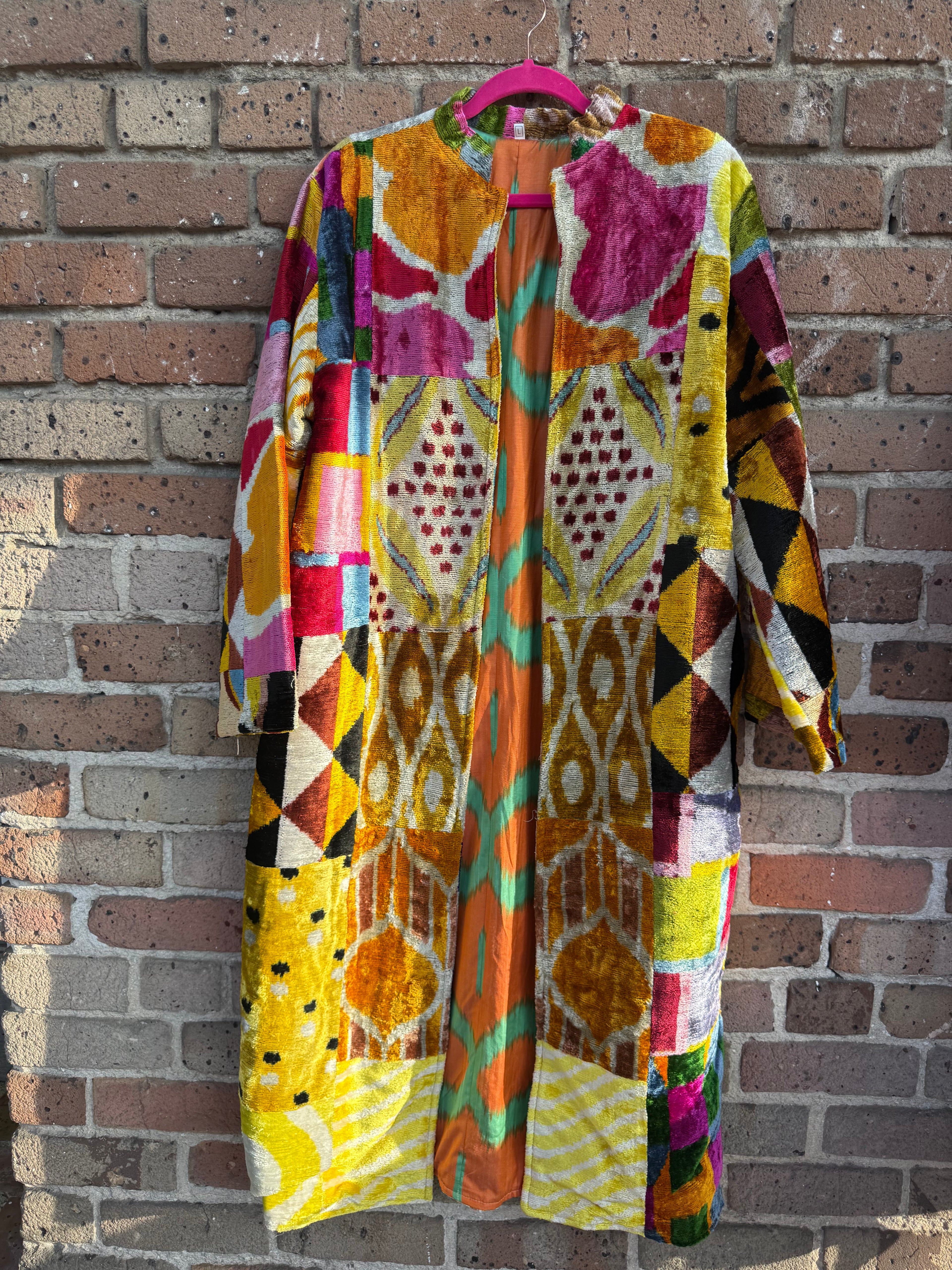 Dueling Tiger Silk Ikat Patchwork Caftan with Orange and Green Liner No Pocket Large