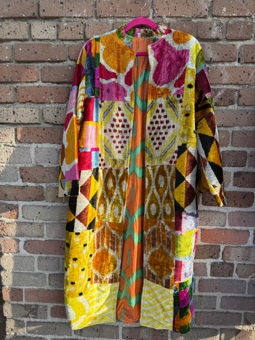 Dueling Tiger Silk Ikat Patchwork Caftan with Orange and Green Liner No Pocket Large