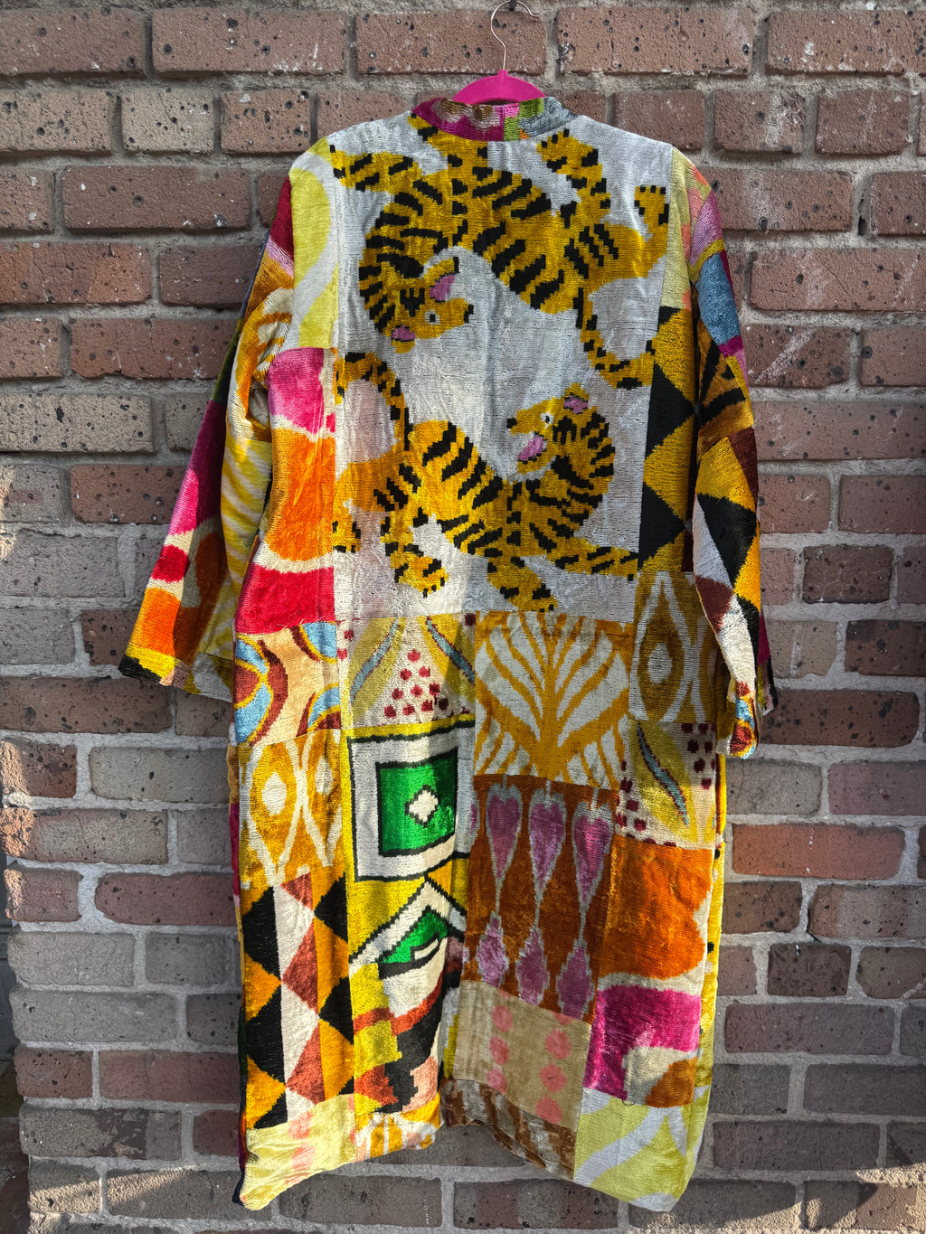Dueling Tiger Silk Ikat Patchwork Caftan with Orange and Green Liner No Pocket Large