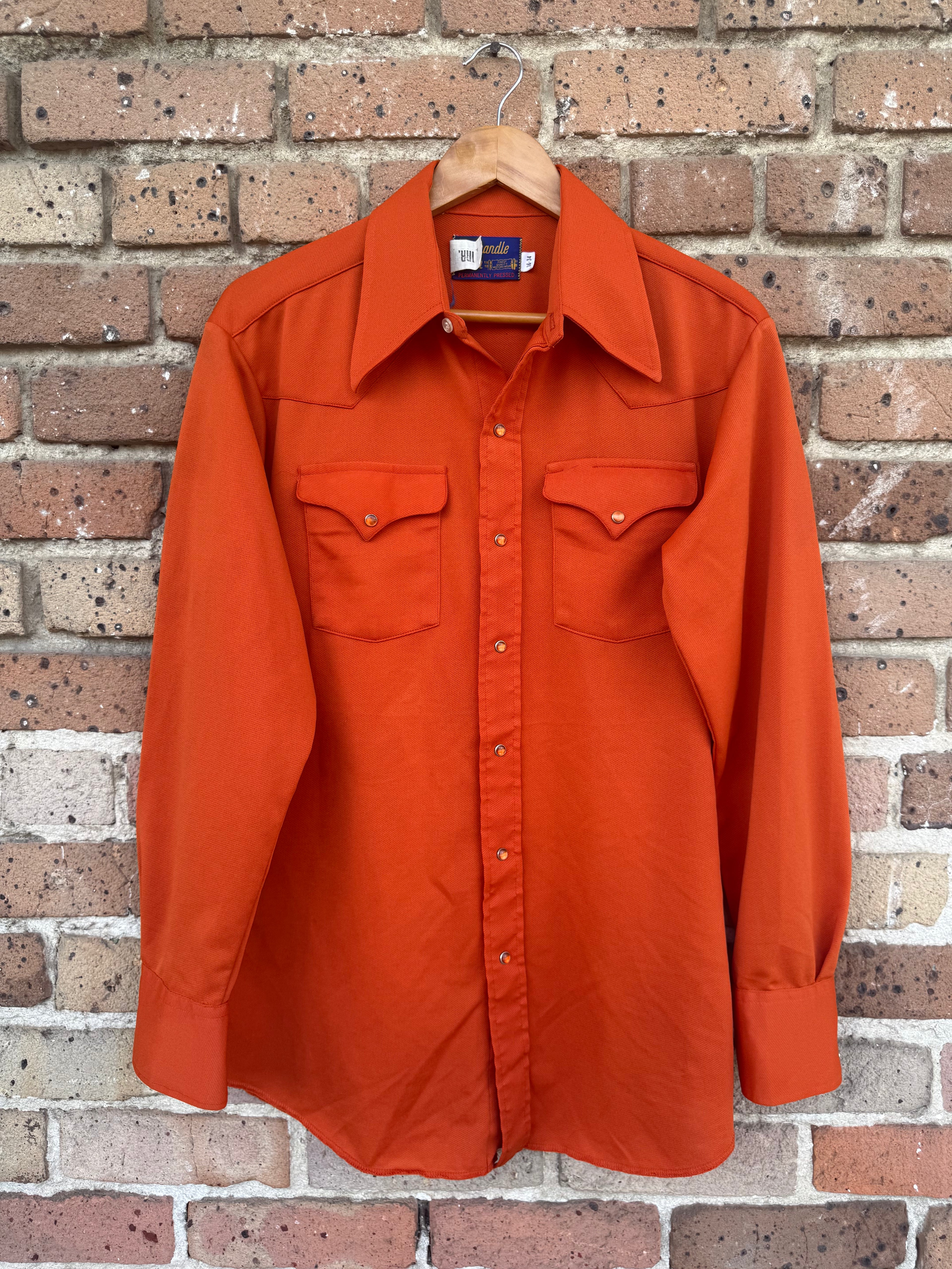 Vtg Panhandle Slim Western Shirt Mens 16-34 Orange Pearl Snap Gabardine 70s