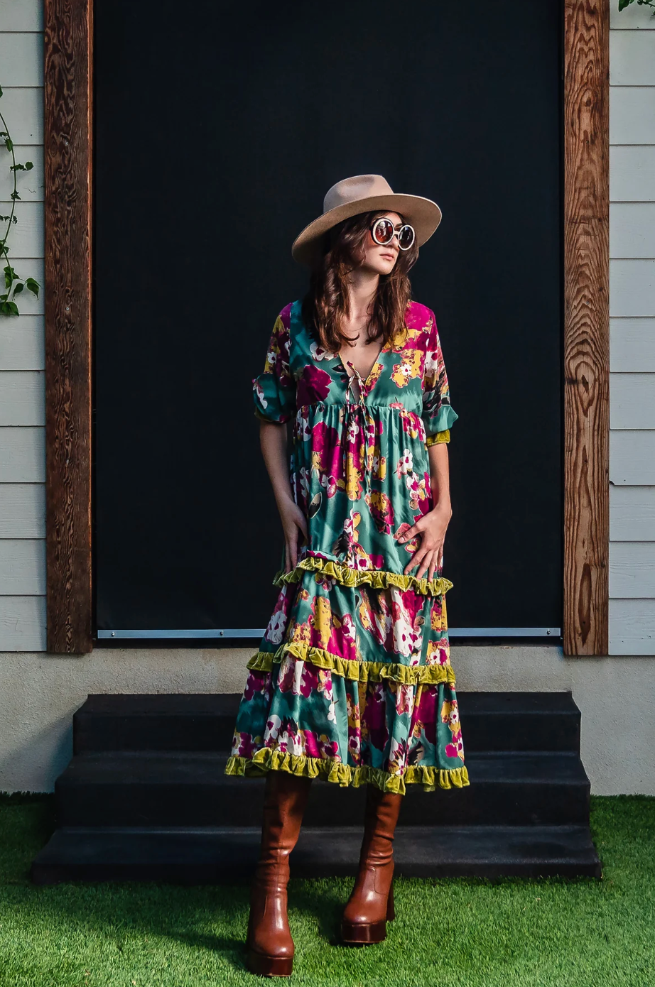 Jennafer Grace Fuchsia Fae Velvet Ruffle Maxi Dress