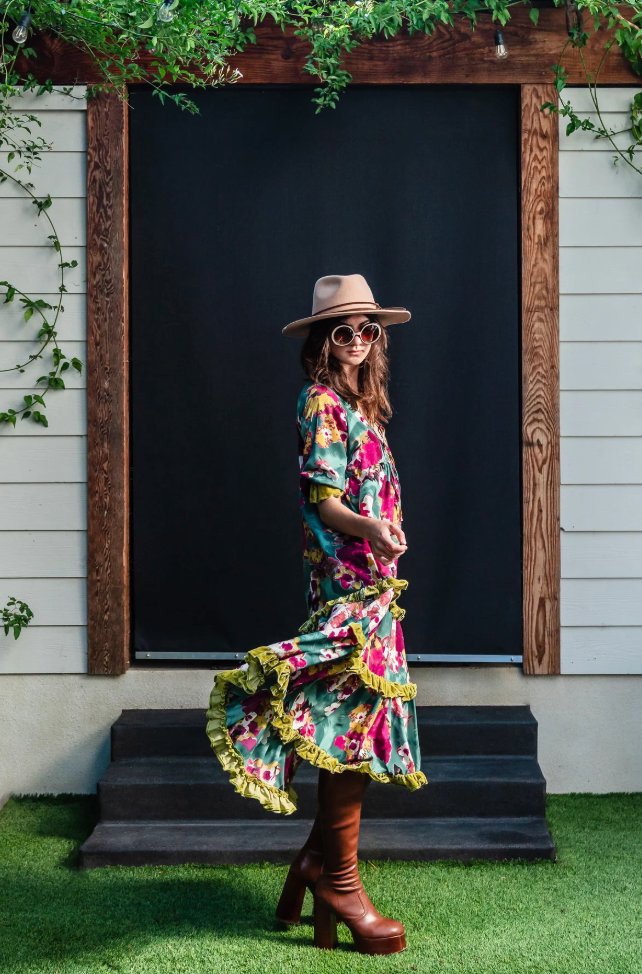 Jennafer Grace Fuchsia Fae Velvet Ruffle Maxi Dress