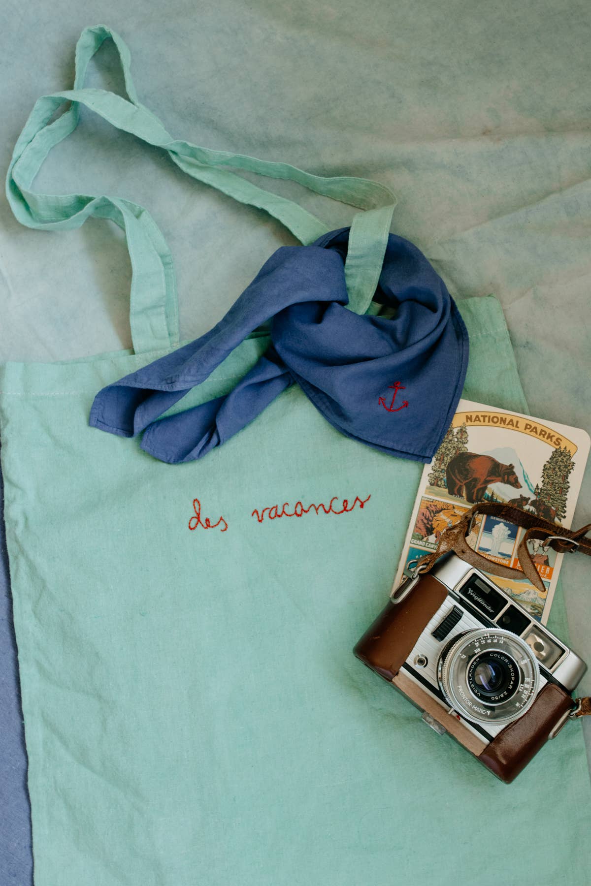 Hand embroidered Vacances cotton bandana, hand dyed